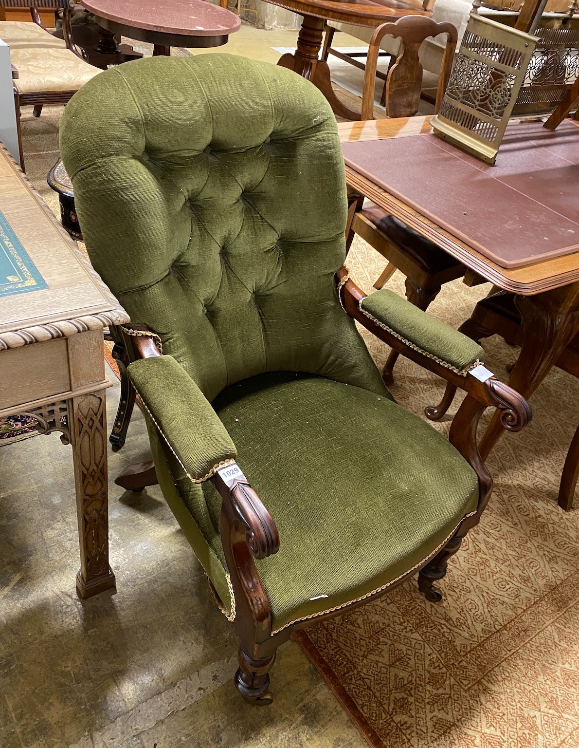 An early Victorian upholstered mahogany open armchair, width 64cm, depth 74cm, height 96cm